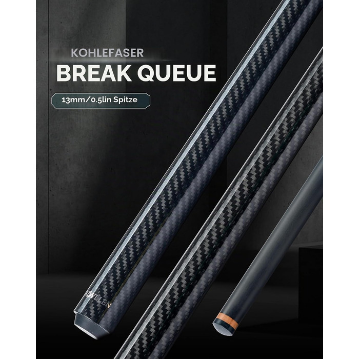 Більярдний кий для розбиву KONLLEN Heavy Hitter, карбоновий Break-Queue з наконечником 12,9 мм, чорний, Uniloc