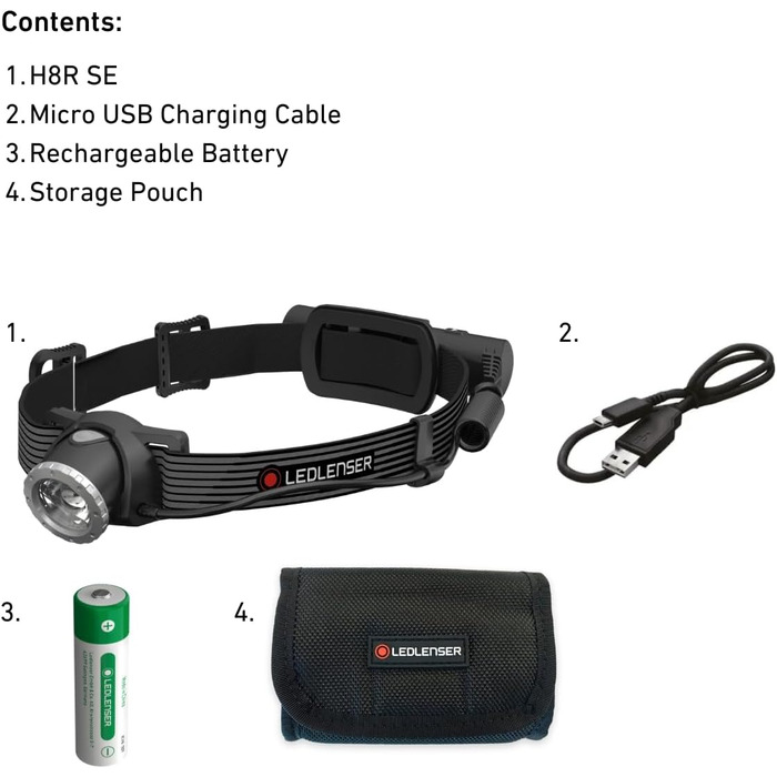 Ledlenser H8R SE - ліхтар налобний LED, 700 люмен, перезарядна, дальність 170 м, 70 годин роботи, комплект з акумулятором, чохлом та USB кабелем