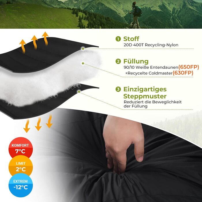 Спальний мішок ATEPA Ultraleicht Daune 650/700FP, 3-сезонний (12°C / 6°C / -1°C), легкий та компактний, водовідштовхувальний, для кемпінгу, походів, трекінгу та рюкзакових подорожей, з компресійним мішком. Комфортна температура 12°C, межа допустимої темпе