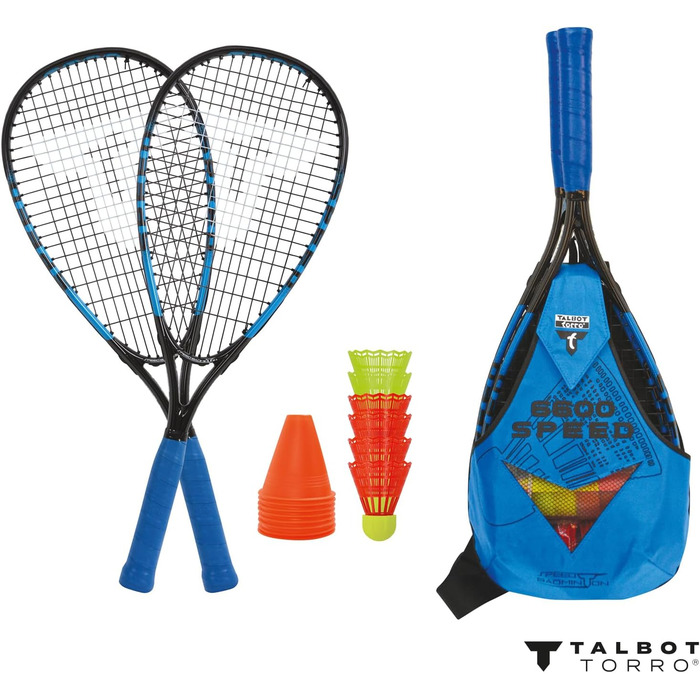 Набір для спід-бадмінтону Talbot Torro Speed 6600: 2 алюмінієві ракетки 58,5 см, 5-6 вітростійких воланів, конуси для розмітки, LED рюкзак