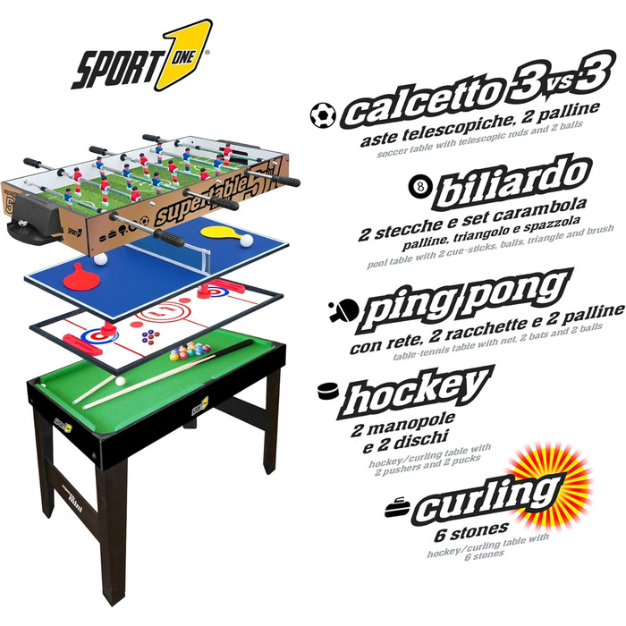 Мультиігровий стіл Sport1 Supertable Mini 5-в-1: футбол, хокей, більярд, теніс, керлінг, 97,5x48x69 см, з аксесуарами