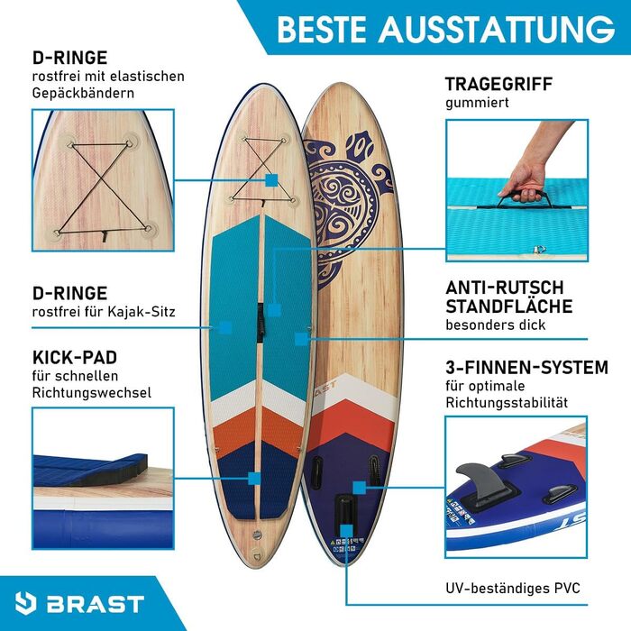Надувний SUP-борд BRST Retro | Комплект для станд-ап паділбордингу | 320x81x15 см | 3 моделі | 5 років гарантії | з аксесуарами | 2в1: SUP та каяк | кріплення для Action Cam, петля для ніг, насос, рюкзак TURTLE
