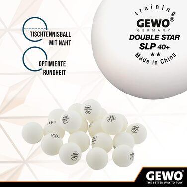 GEWO Double Star SLP тенісні м’ячі для настільного тенісу 2 зірки, пластикові 40+ мм, безшовні, професійні тренувальні, 72 шт., білі