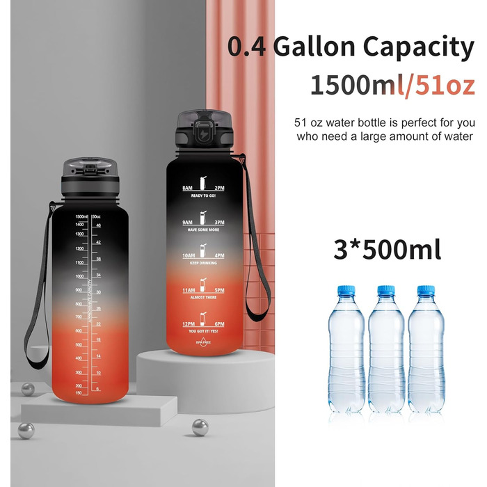 Спортивна пляшка для води Grsta 1,5 л, BPA Free, з фільтром, для газованої води, герметична, з часовою розміткою, чорна-червона, для спорту, школи, офісу та вулиці