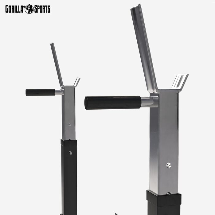 Стойка для присідань GORILLA SPORTS, регульована висота і ширина, з дип-станцією, тримачем для дисків, вантажопідйомність 200-250 кг