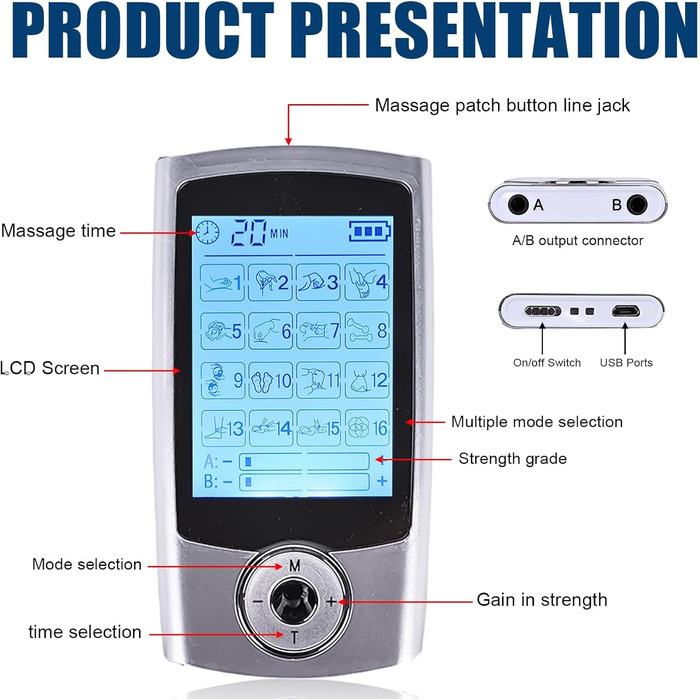 Пристрій TENS 16 режимів: електростимулятор для зняття болю та розслаблення м'язів. 16 програм, 20 рівнів інтенсивності, 2 канали, EMS, преміум електроди (білий)