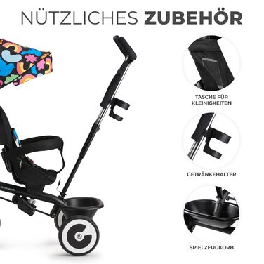 Триколісний велосипед Kinderkraft ASTON для дітей від 9 місяців до 25 кг з батьківською ручкою, поворотним сидінням, сонцезахисним козирком, корзиною та тримачем для напоїв (Happy Shapes, Single)