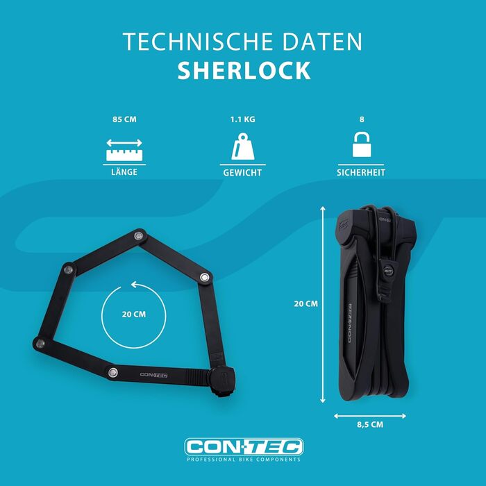 CONTEC велосипедний складаний замок SherLock, міцна сталева конструкція Tredur, 85 см з кріпленням, реверсивний ключ і захист від випадкового випадання, чорний