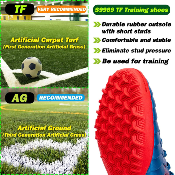 Дитячі футбольні бутси для хлопчиків та дівчаток FG/AG/TF, професійні, для тренувань та гри на траві, Outdoor, блакитний/червоний, 32 EU