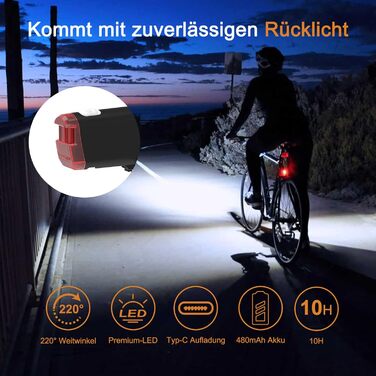 Owleye: комплект велоліхтарів на сонячній енергії, USB-зарядка (Type-C), StVZO, передній + задній ліхтар LED