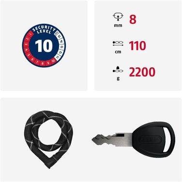 Замок ланцюговий ABUS Iven Chain 8210 для велосипеда – сталевий, з покриттям, рівень безпеки 10 (110 см)