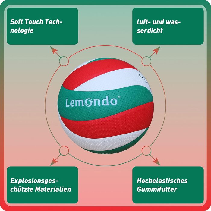 Волейбольний м'яч Lemondo PU для пляжного волейболу, м'який, водостійкий, з насосом, для гри та тренувань, червоно-зелений