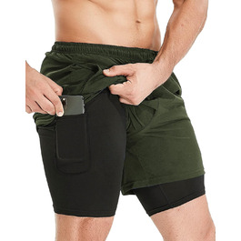 Шорти чоловічі HOPYNN 2-в-1 літні швидковисихючі з накладкою та кишенями для спорту та фітнесу (XXL, Зелений)