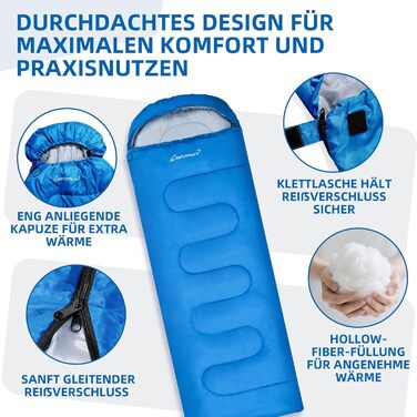 Спальний мішок Clostnature для кемпінгу та подорожей - Легкий, компактний, 3-сезонний, блакитний (0.9 кг)