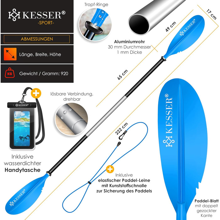 Весло KESSER® Paddle з подвійним лезом - 4 частини для каяка, SUP, стінд-ап паділбордингу, 228 см, алюміній. Включає страхувальну мотузку, чохол для телефону, дошка для серфінгу.