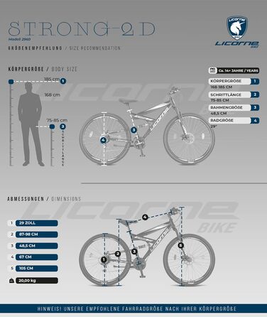 Гірський велосипед Licorne Bike Strong 2D Premium 29 дюймів для підлітків і дорослих, дискові гальма, 21 швидкість, повна амортизація, чорний/лайм
