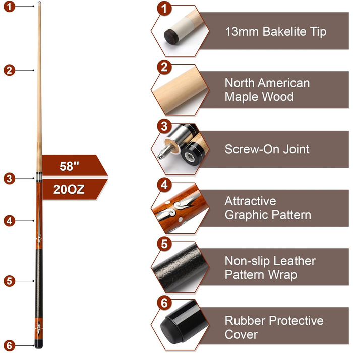 Більярдний кий Pool Queue 58 дюймів з канадського клена, 13 мм наконечники, для професійних гравців, 1/2 Maple, 18oz (колір: коричневий)