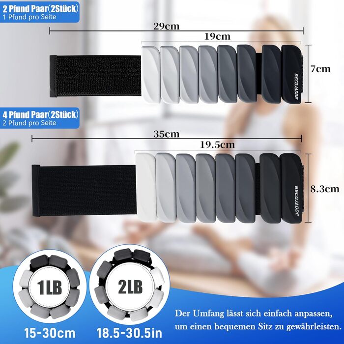 Важкі манжети для ніг BECOJADDE 0.45 кг / 0.9 кг (набір 2 шт.) для занять спортом, фітнесом, кардіо та силовим тренуванням. Чорний колір.