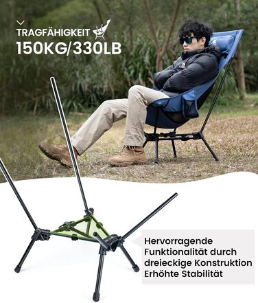 OneTigris TIGERBLADE - Крісло для кемпінгу з високою спинкою, 170 кг, складне, легке, з трикутним каркасом, для риболовлі, з 2 кишенями, для відпочинку на природі, для піших прогулянок (Блакитне)