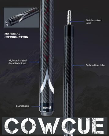 Більярдний кий CRICAL з карбону, 147,3 см, професійний, з'єднання 3/8 x 8, наконечник 12,5 мм, COWCUE-02