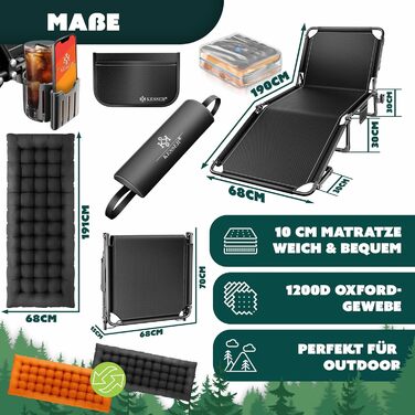 Кемпінгове ліжко KESSER® розкладне, 190x68x30 см, до 250 кг, з Oxford-тканини та сталевим каркасом + сумка, подушка, кишеня та тримач для напоїв, чорний/помаранчевий