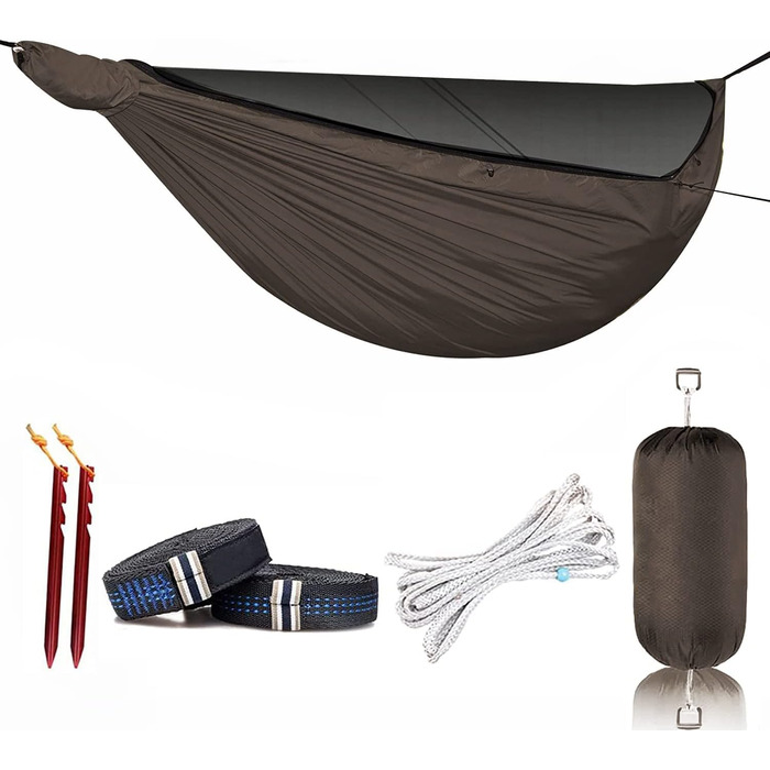 Гамак туристичний Onewind Premium 11' з москітною сіткою та ременями для кріплення, 335x162 см, коричневий