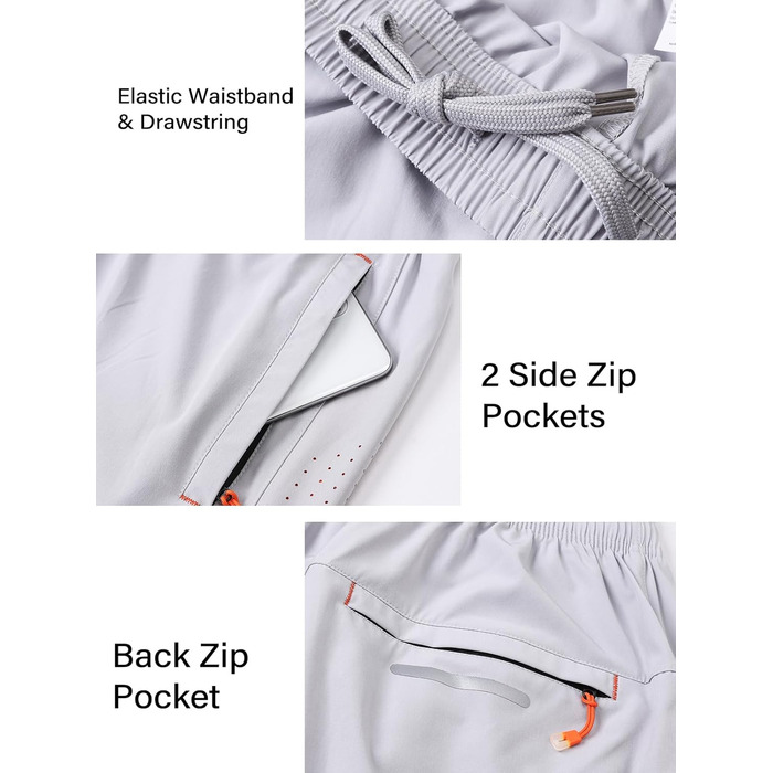 Спортивні шорти Cimic для чоловіків, короткі, з кишенею на блискавці, швидковисихаючі, дихаючі, легкі для спорту та фітнесу (Сріблясто-сірий, XL)