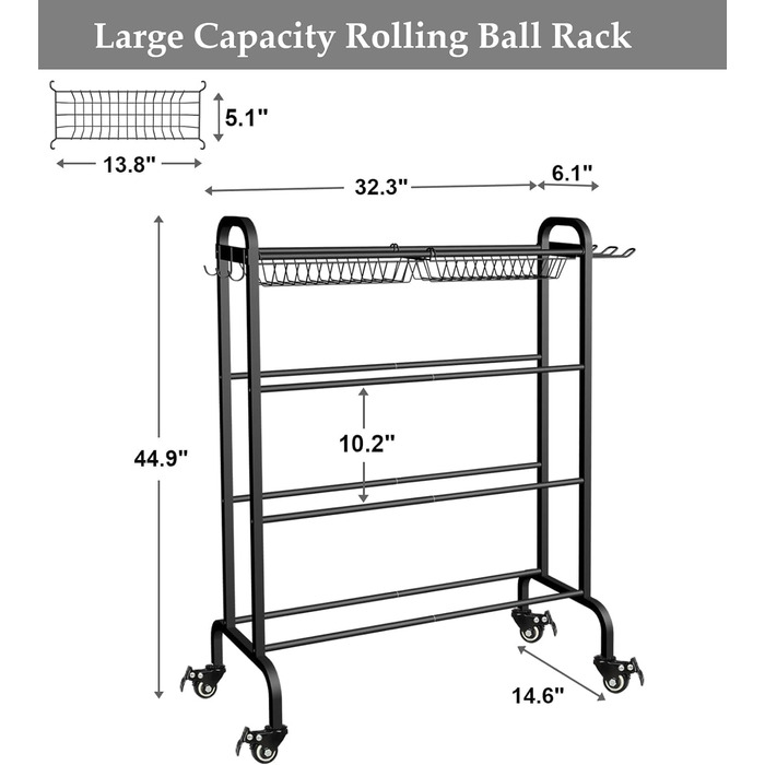 Стійка для м'ячів на колесах, 4-ярусна: баскетбол, футбол, волейбол, чорна