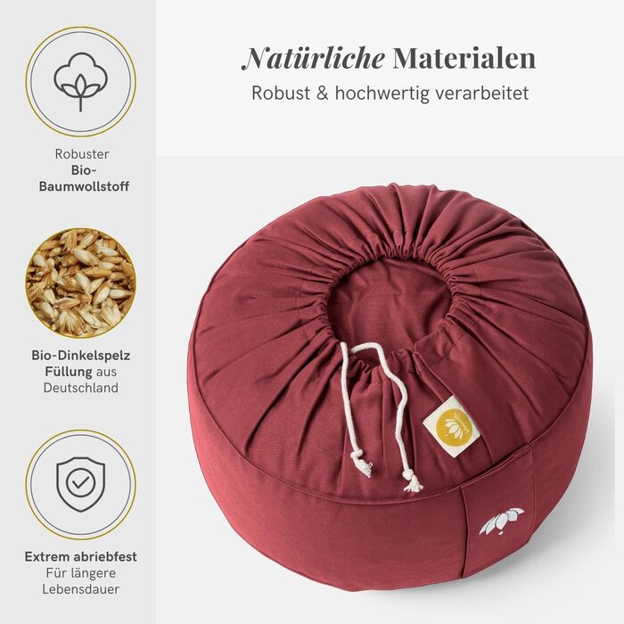 Медитаційне подушення Lotuscrafts Lotus, 15 см, дinkelspelz, бавовна, кругле, для підлоги, сертифіковане GOTS (Бордовий)