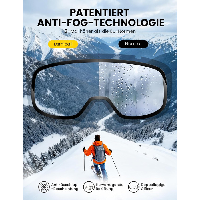 Ламiкалл Скi-окуляри для жінок, сноуборд окуляри для чоловіків - [Патентна антизапаржувальна технологія] Дзеркальні скі-окуляри для носіїв окулярів, захисні окуляри для сноуборду Ultra HD, снігові окуляри UV400 з захистом від відблисків - чорна рамка - ср