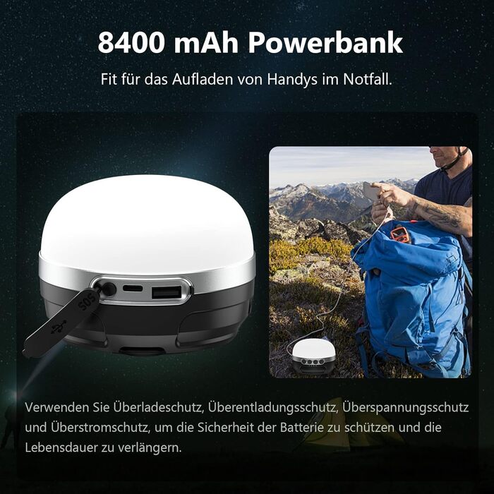 LED кемпінговий ліхтар на акумуляторі 8400mAh, RGB, 5 режимів, регулювання яскравості, водонепроникний, магнітний, для туризму та надзвичайних ситуацій