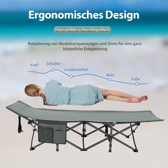 Розкладне ліжко SOARS для кемпінгу та відпочинку: стабільне металеве ліжко з кишенею та сумкою, до 272 кг, для відпочинку на природі та вдома, зелений (сірий)