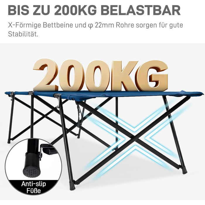 Розкладне ліжко EVER ADVANCED для кемпінгу XXL, 200 кг, 214x79x50 см, з кишенею, стабільне та портативне для відпочинку на природі, вдома та в саду (Блакитне)