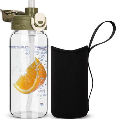 DEARRAY Скляна пляшка для води 0,6 л з трубочкою, герметична, BPA Free, у чохлі, для дітей, школи, спорту, чоловіків та жінок, зелена кришка