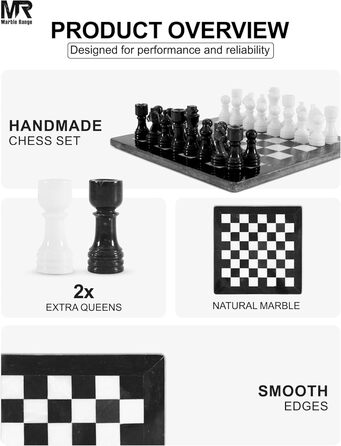 Шаховий набір з мармуру для дорослих, ручної роботи, 32 фігури, 2 додаткові королеви, коробка для зберігання, розкішна подорожна гра, елегантний подарунок для дому (чорний & корал)