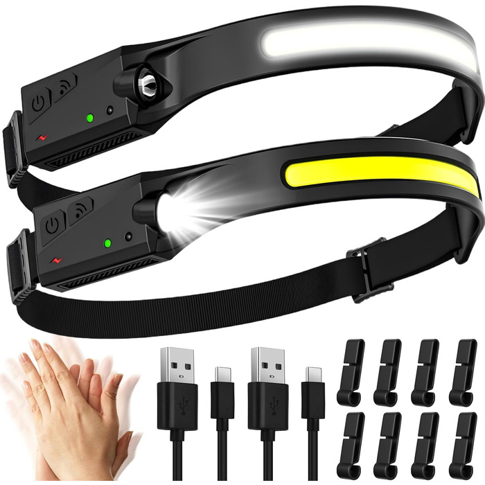 LED налобний ліхтар, перезаряджається, 2000 люменів, 5 режимів, 1200mAh, 230°, водонепроникний IPX4, для кемпінгу, бігу, риболовлі, 2 шт.
