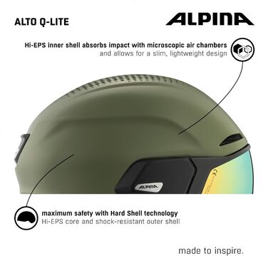 Гірськолижний шолом ALPINA ALTO Q-LITE, захисний, з ударопоглинанням, регульований, з контрастним візором, для дорослих, оливковий матовий, 55-59 см