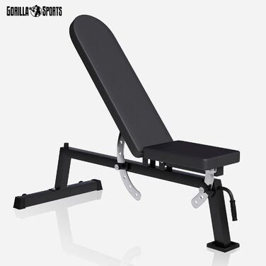 GORILLA SPORTS® універсальна тренувальна лава зі сталі, чорна, 7-позиційна спинка і 3-позиційне сидіння, 148x56x44,5-123 см, для фітнесу, силових вправ, штанги, жимів, багатофункціональна