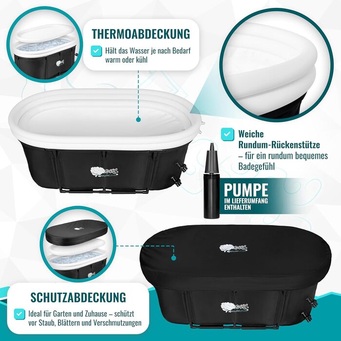 Зручна складана ванна для дорослих 147x74x60 см – комплект з аксесуарами для теплої та холодної ванни, портативна, для дому та відпочинку на природі, чорно-біла, MelodieGesund