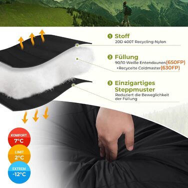 Спальний мішок ATEPA Ultraleicht Daune 650/700FP, 3-сезонний (12°C / 6°C / -1°C), легкий та компактний, водовідштовхувальний, для кемпінгу, походів, трекінгу та рюкзакових подорожей, з компресійним мішком. Комфортна температура 12°C, межа допустимої темпе