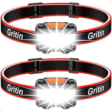 Ліхтар на голову Gritin LED, 2 шт. Супер яскравий ліхтар на лоб з 3 режимами, водонепроникний IPX5, легкий, для бігу, кемпінгу, риболовлі, чорний