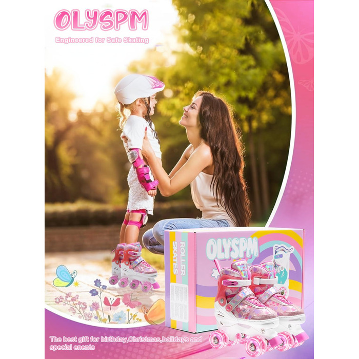 Роликові ковзани для дівчаток з блискучими сердечками та світлодіодними колесами, 4-разово регульовані, ролики для дітей-початківців, ідеальний подарунок на день народження або Різдво (S, Рожевий)