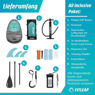 Надувний SUP-борд Fitleap Premium Stand Up Paddle Board - комплект з насосом, веслом та рюкзаком. Ідеально для початківців та професіоналів, для йоги, серфінгу та водного спорту (сірий, 2 особи)