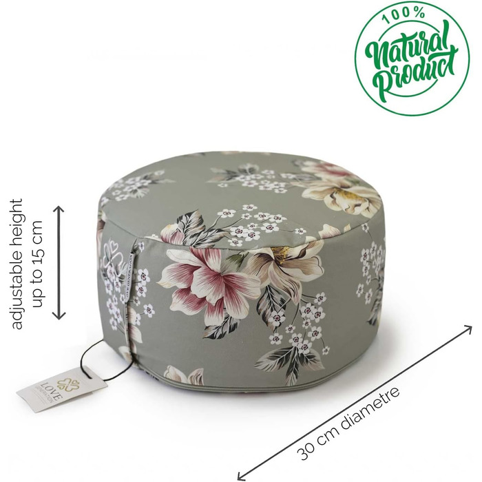Йога-подушка Love Generation Vintage Flowers, кругла, 30 см, регульована висота до 15 см, наповнювач гречане лушпиння, знімний бавовняний чохол