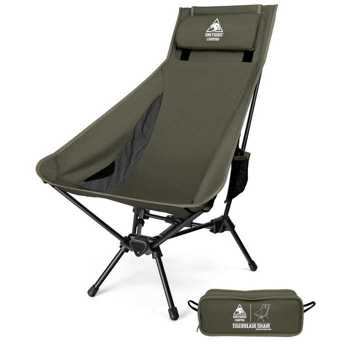 Стілець для кемпінгу OneTigris TIGERBLADE, висока спинка, 170 кг, складний, легкий, трикутник, риболовний, з кишенями, для відпочинку на природі, походів (Ranger Green)