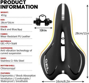 Гелевий велосипедний сідло з ергономічною порожнистою формою, амортизований туристичний сідло, комфортний, дихаючий, для BMX/шосе/горного велосипеда, чорний