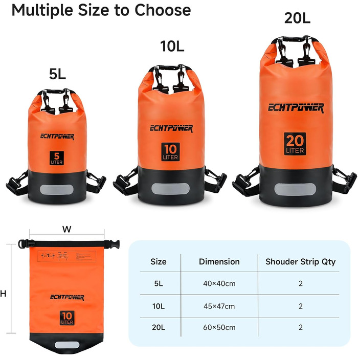Водонепроникний мішок ECHTPower Dry Bag 5L/10L/20L для плавання, каякінгу, SUP з регульованим ремінцем та світловідбиваючими смугами (зелений, помаранчевий)