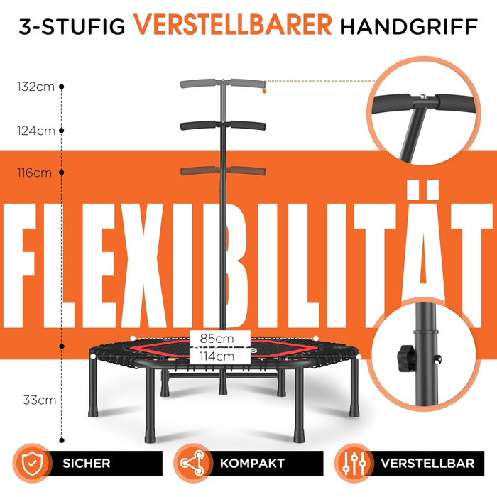 Трамплін для фітнесу DH FitLife | Ø114 см, до 150 кг, регульована ручка, стабільний та тихий | для дітей та дорослих