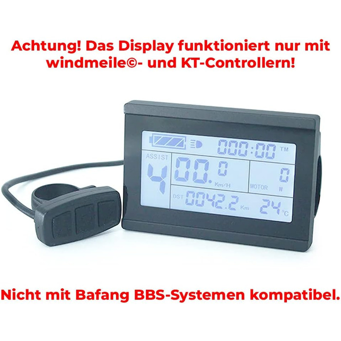 Дисплей Windmeile KT-LCD3 для електровелосипеда, підсвічування, водонепроникний, 24V/36V/48V, 5-контактний роз'єм Julet, бортовий комп'ютер, спідометр, LCD-екран для E-Bike і Pedelec