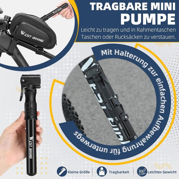 West Biking Mini насос для велосипеда - алюмінієвий насос для велосипеда, підходить для всіх типів вентилів, портативний, компактний, швидке накачування шин, легкий міні-насос для велосипеда, MTB, шосе, м'ячів, чорний